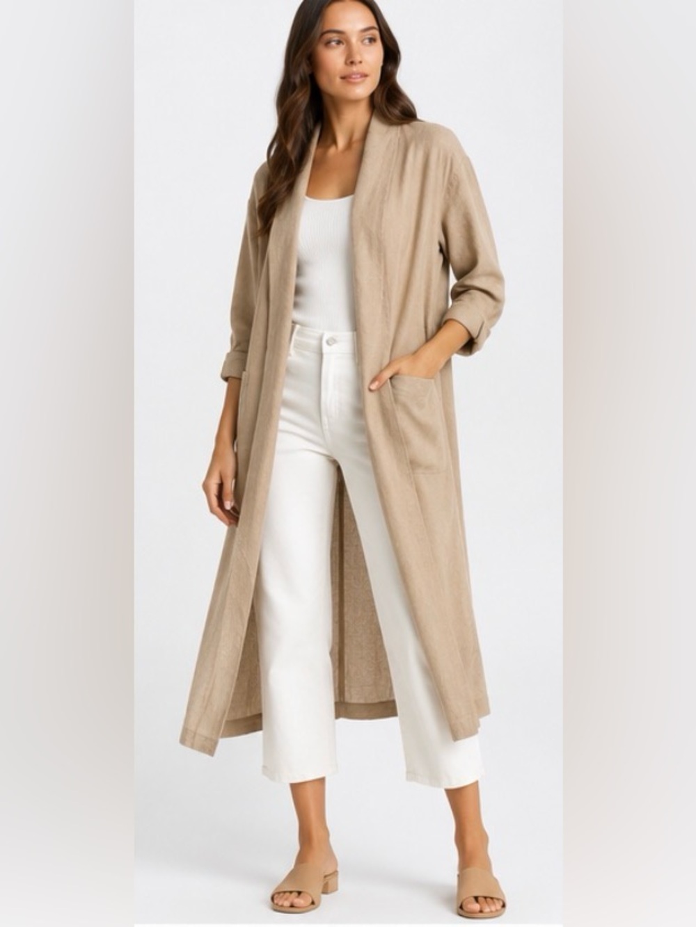 NWT Filosofia 100% Linen Belted Duster Trench Coat Tan Small Made USA